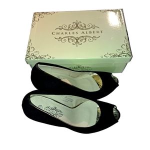 Brand New Charles Albert open toe Wedge sandal in black with cute gold accent.